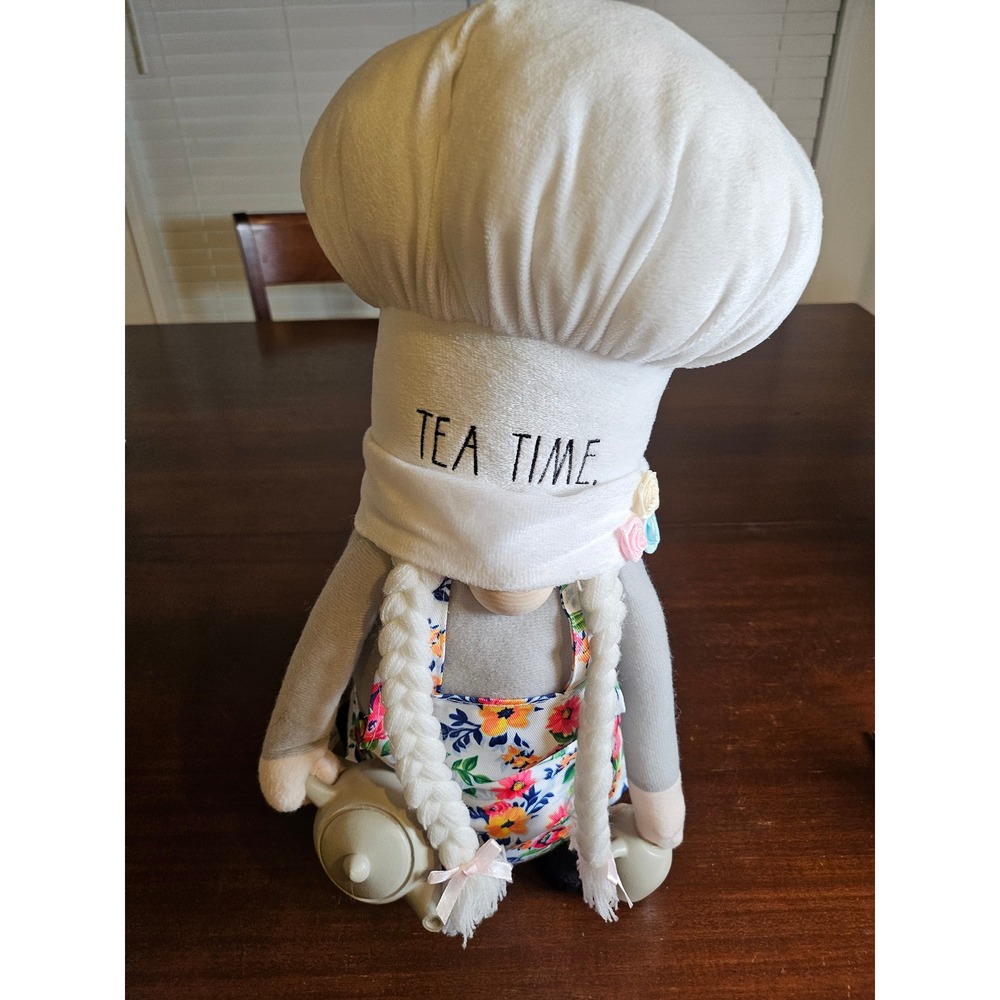 Rae Dunn Tea Time Gnome Plush Grey White Floral Chef Baker Hat Teapot Decor